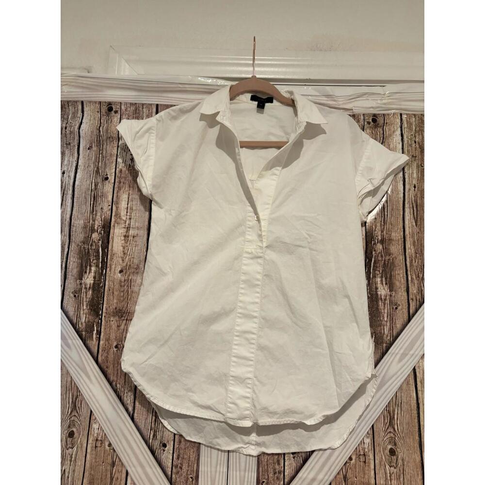 Womens J Crew white v button collared cap sleeve‎ top sz 00 #257